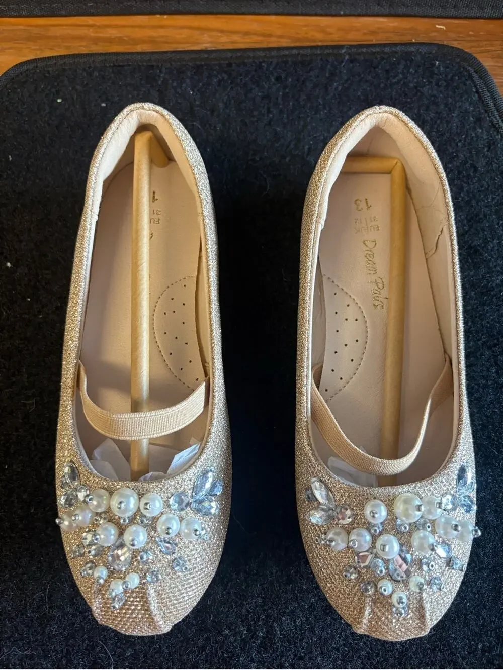 Dream Pairs Girls Size 13 Gold Glitter Dress Flats Pearl Rhinestone - Champagne